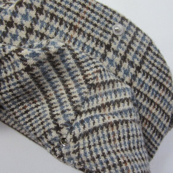 Vtg Adult M Ivory Blue Brown Wool Plaid Houndstooth Cap Newsboy Hat Lined 22" - Picture 4 of 7